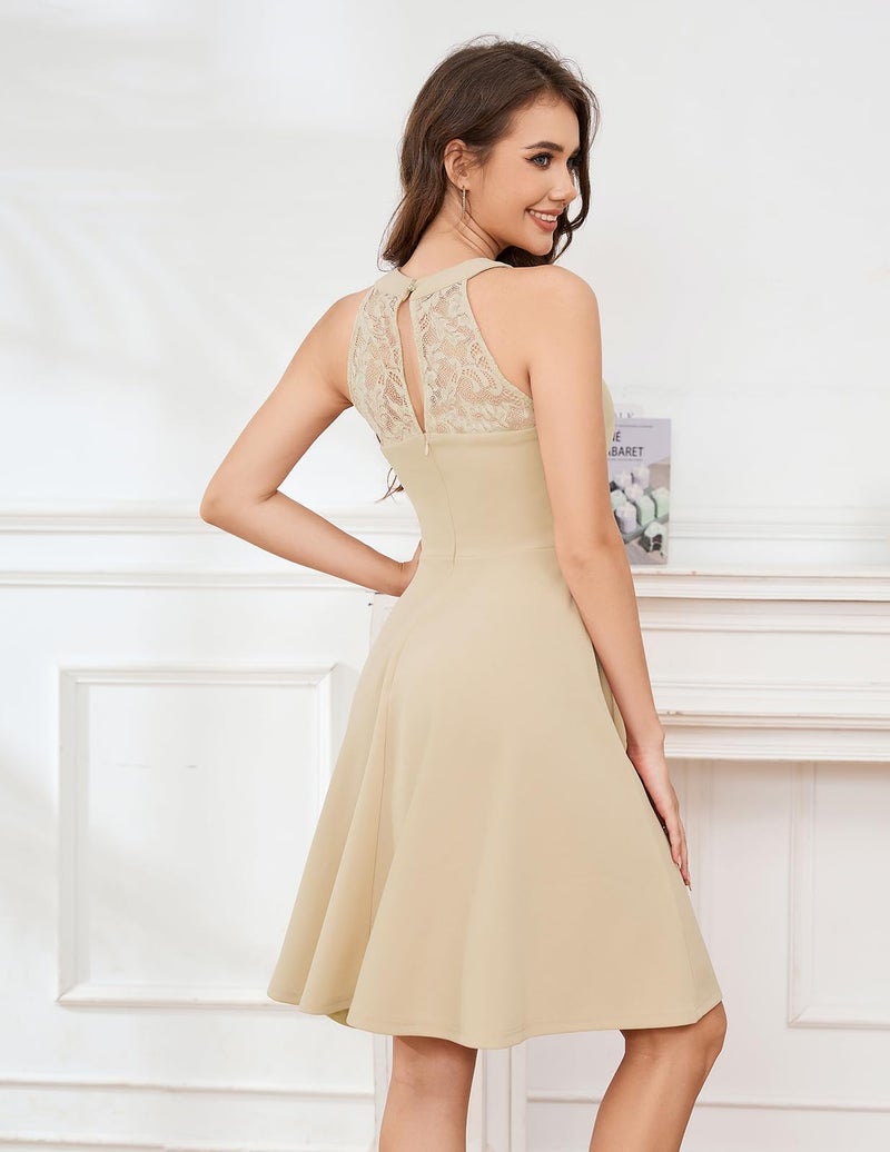 Bbonlinedress Women Short Bridesmaid Dresses Halter Lace Cocktail Party Wedding Guest Formal Prom Dress Champagne M - Image 2
